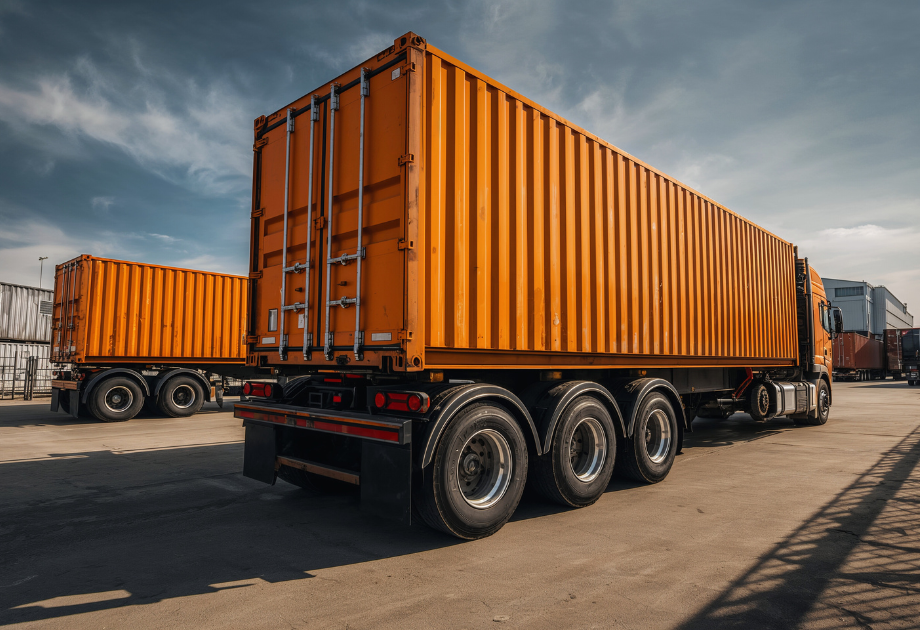 two parked, orange semi-trucks